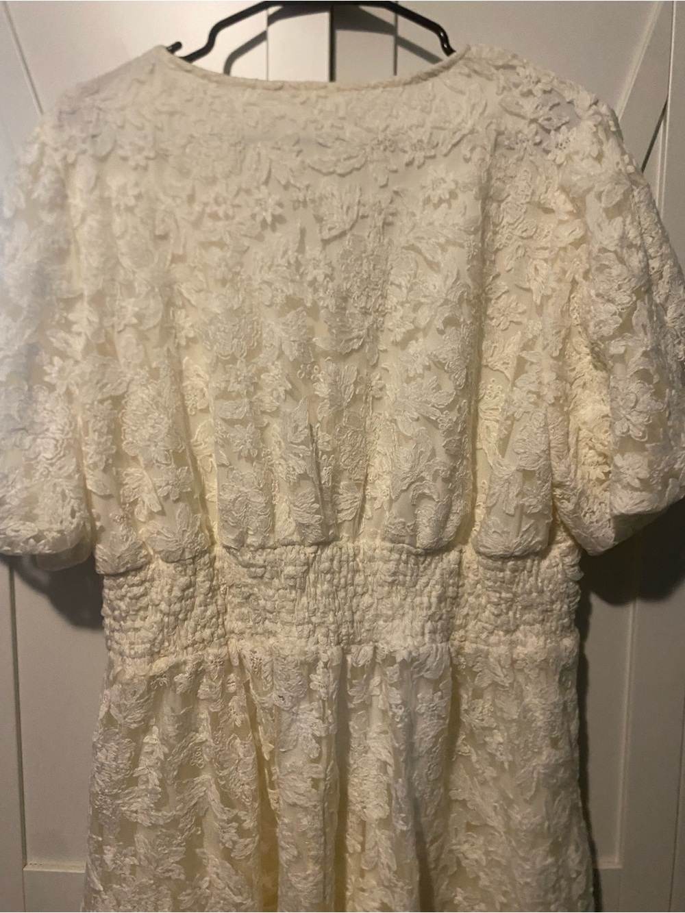 Ivory Lace Midi Dress with Puff Sleeves - Picture 6 of 6